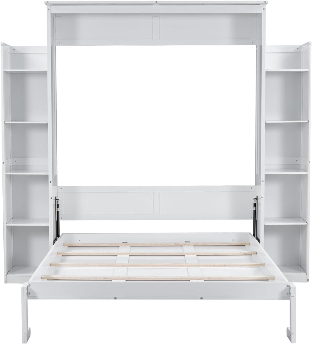 White Queen Size Wooden Murphy Bed with Shelves and LED Lights Q466