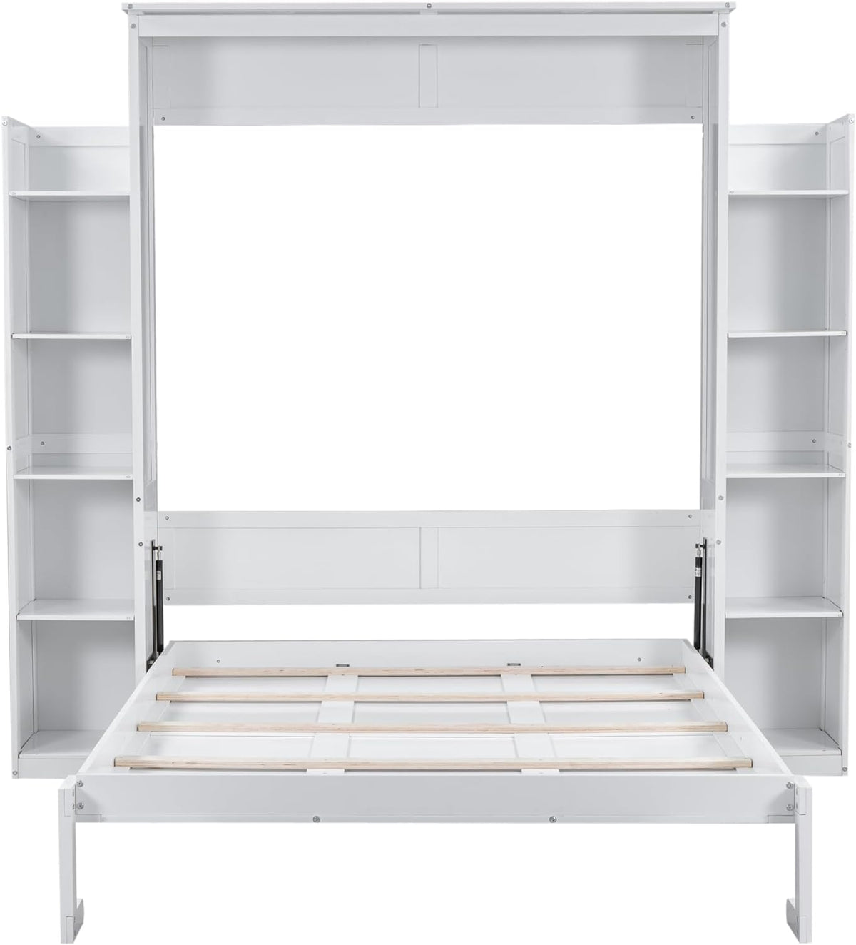 White Queen Size Wooden Murphy Bed with Shelves and LED Lights Q466