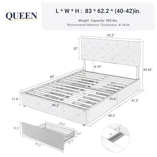 Light Grey Queen Size Platform Bed Frame with 4 Storage Drawers L24268