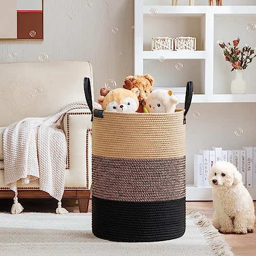 Small Laundry Basket with Leather Handle, Woven Rope Storage Basket, 30L Brown & White Y9487