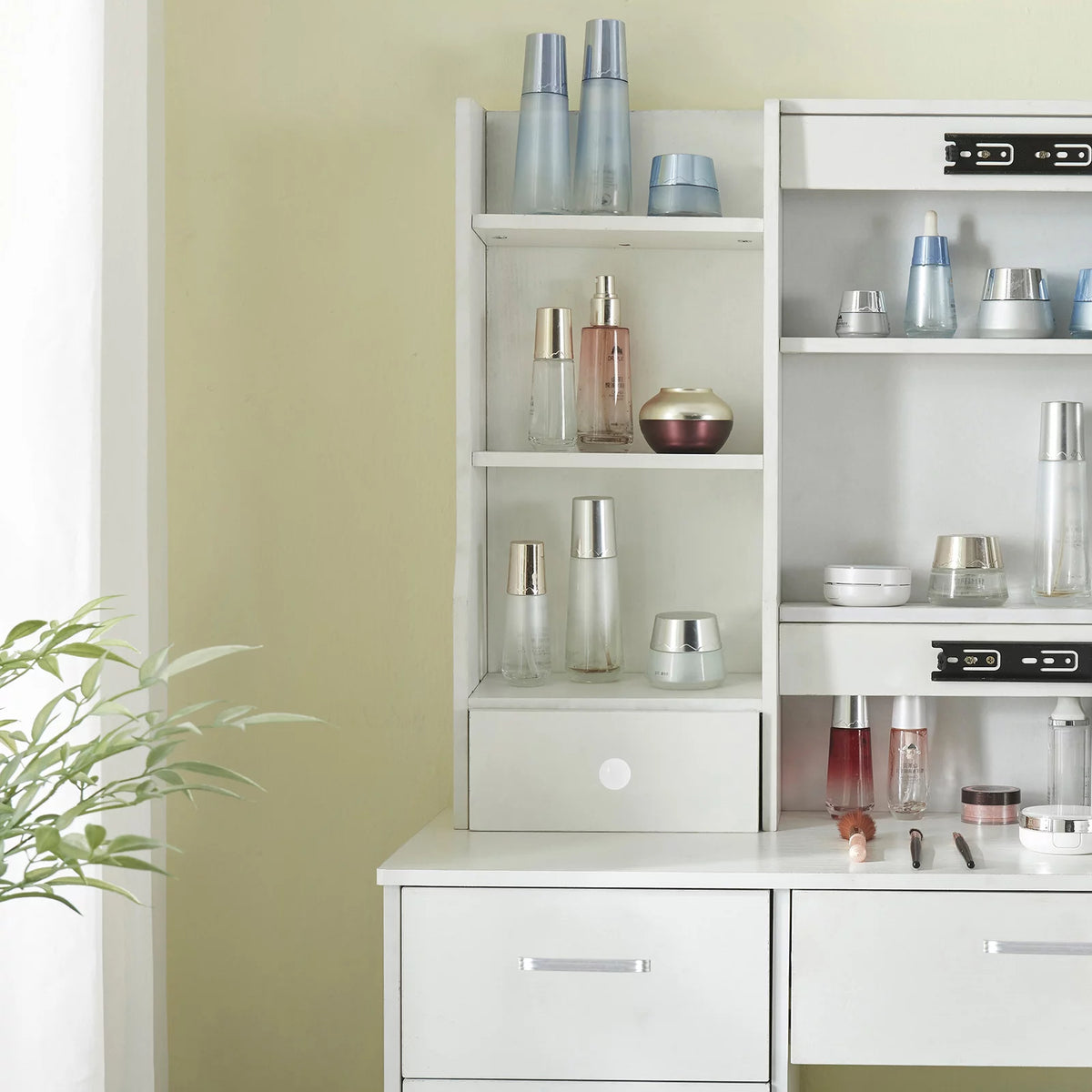 White Vanity Desk with LED Lighted Sliding Mirror and Stool T653275