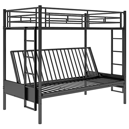 Black Metal Twin over Futon Bunk Bed with Guardrails and 2 Ladders E1937