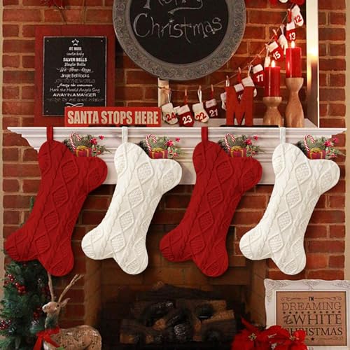 Knit White Bone Shape Dog Christmas Stocking Q5577