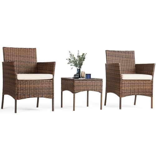 3 Pieces Wicker Rattan Patio Furniture Set with Cushion and Glass Table J98192