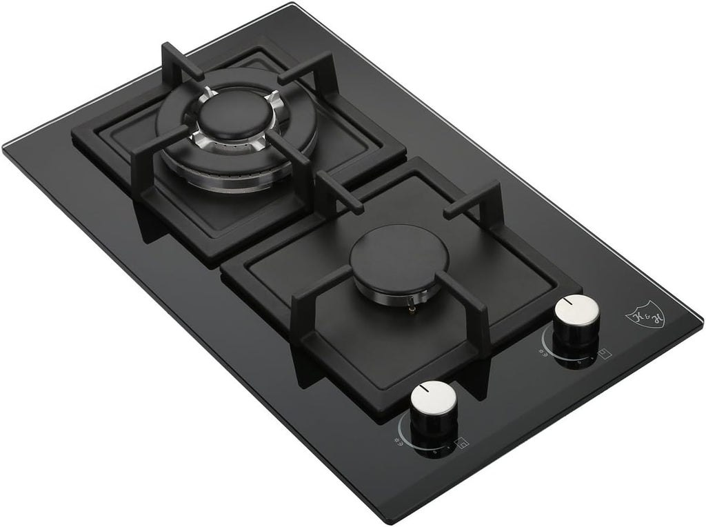 2 Burner 12 Inch Built-in LPG/Propane Gas Stove Top Glass Surface Cast Iron Cooktop A521195
