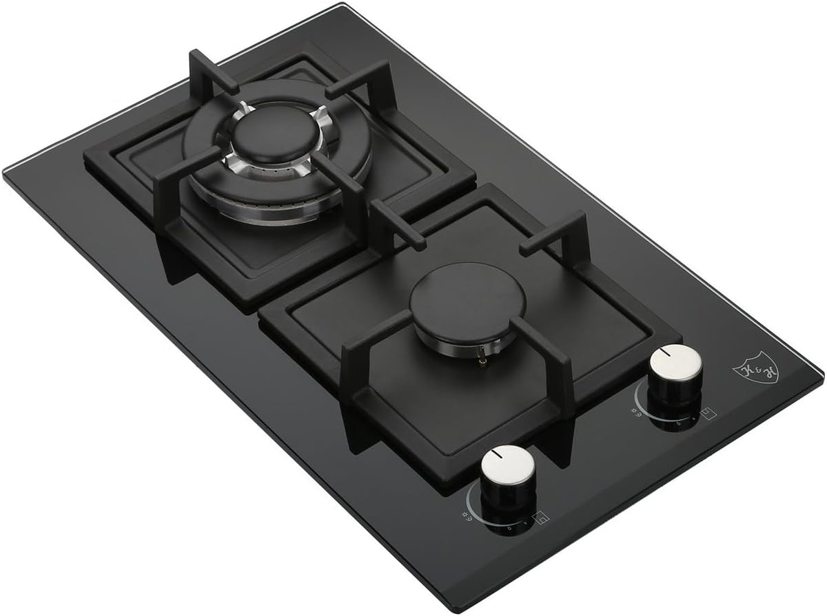 2 Burner 12 Inch Built-in LPG/Propane Gas Stove Top Glass Surface Cast Iron Cooktop A521195