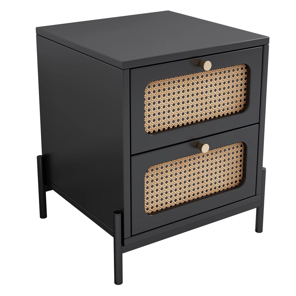 Black 2-Drawer Rattan Wood Side Table S461670