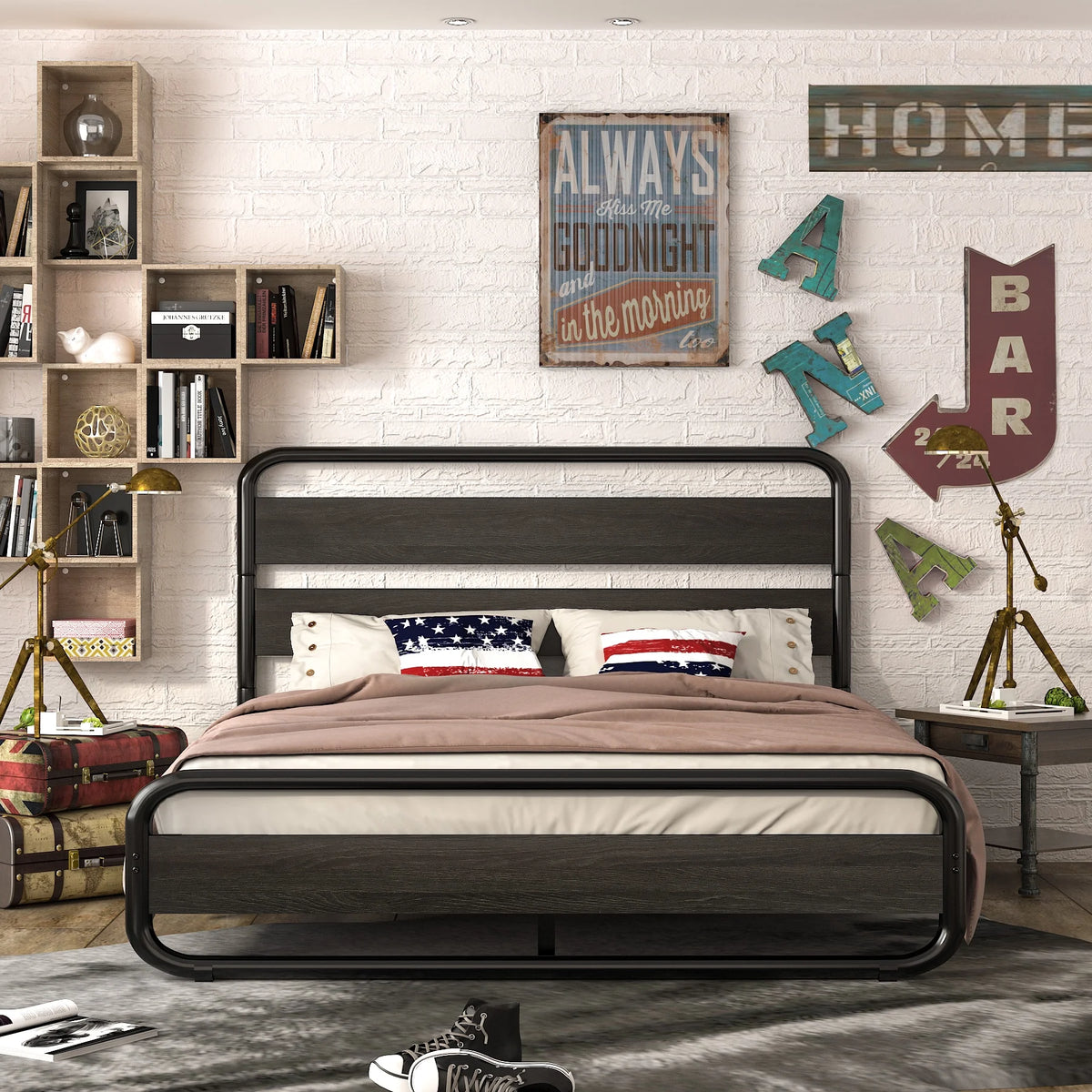 Full Size Metal Platform Bed Frame with Wooden Headboard & Footboard, Black E354