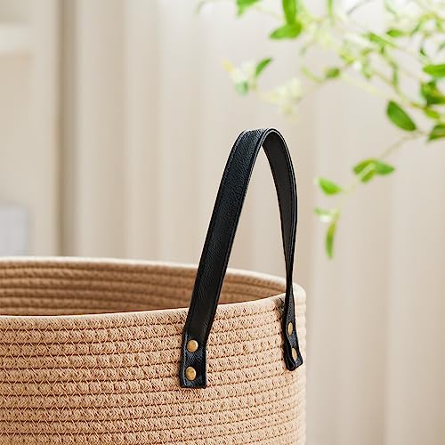 Small Laundry Basket with Leather Handle, Woven Rope Storage Basket, 30L Brown & White Y9487
