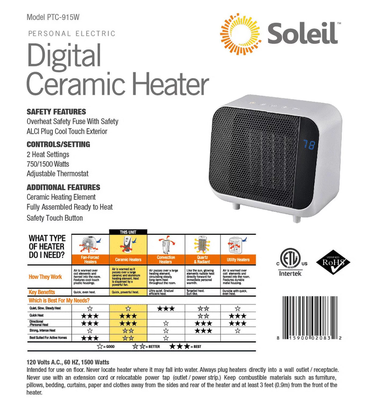 White Electric Ceramic Heater 1500W T240619
