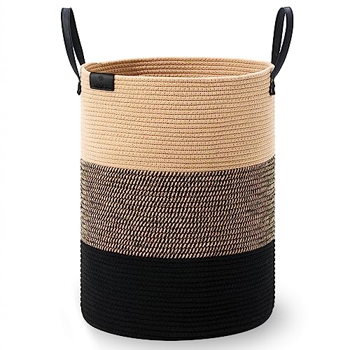 Small Laundry Basket with Leather Handle, Woven Rope Storage Basket, 30L Brown & White Y9487