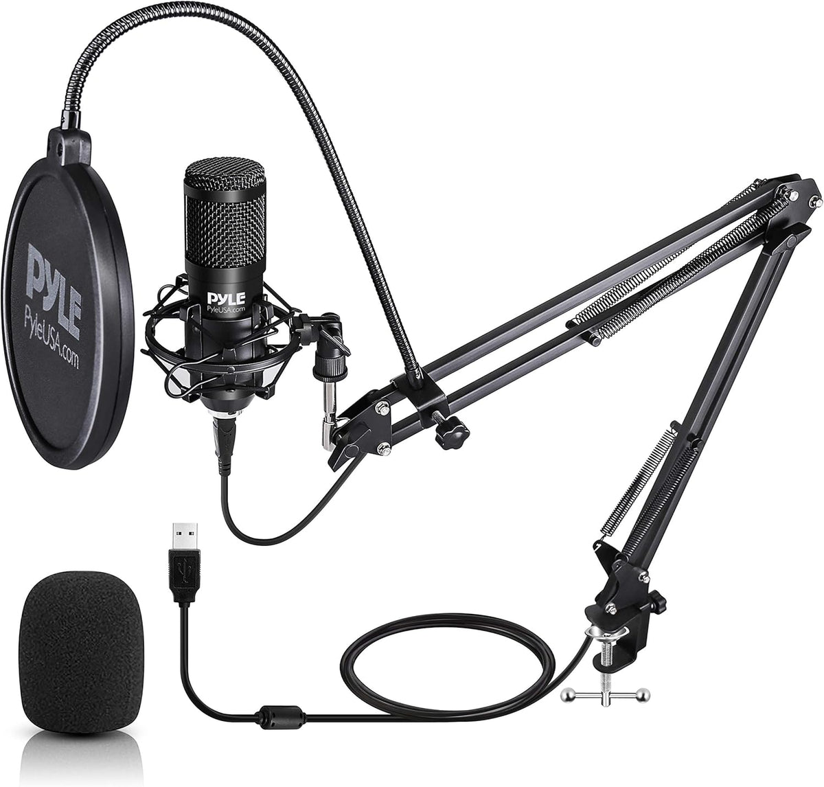 Black Cardioid Condenser USB Microphone with Boom Arm Stand and Pop Filter X363084