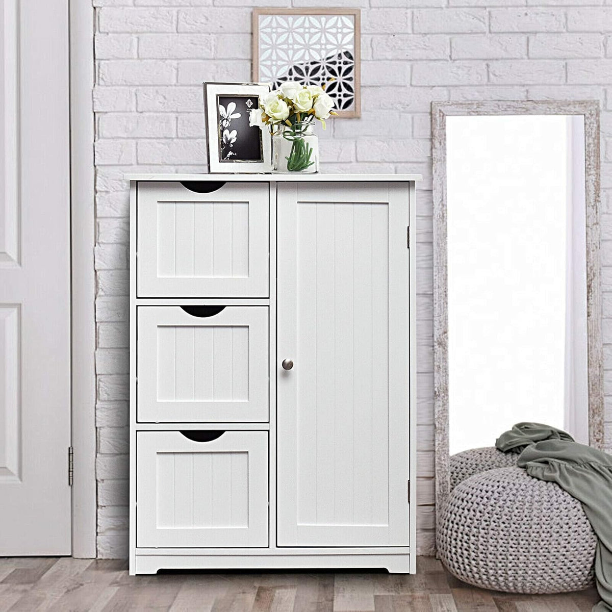 White Freestanding Bathroom Cabinet with 3 Drawer V6143