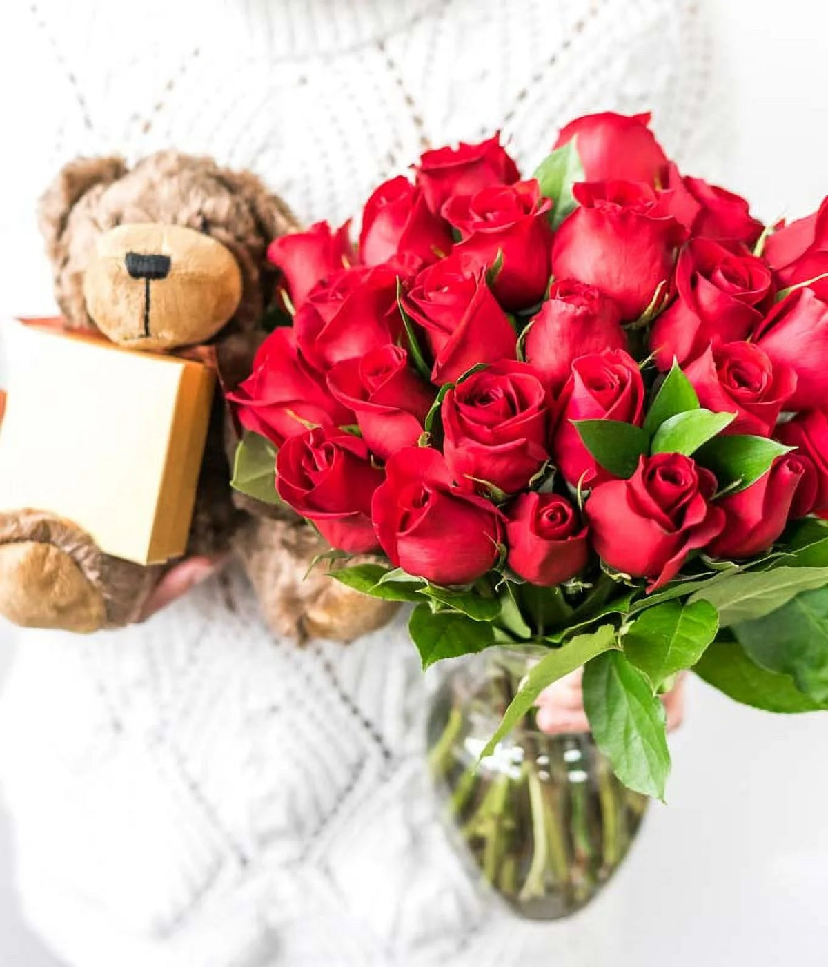 Two Dozen Long Stem Red Roses with Chocolates & Bear Y71256