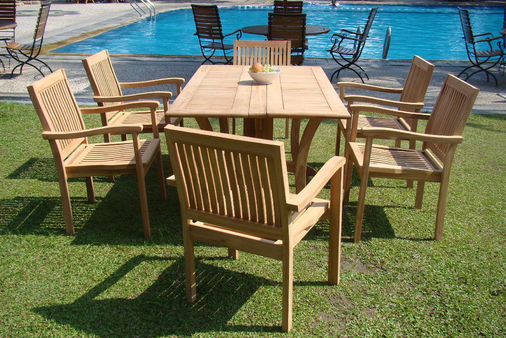 Teak 7 Pc Dining Set with Folding Table and 6 Stacking Arm Chairs C144