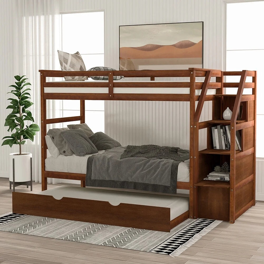 Twin Over Twin Bunk Bed with Trundle and Storage Stairs D846129