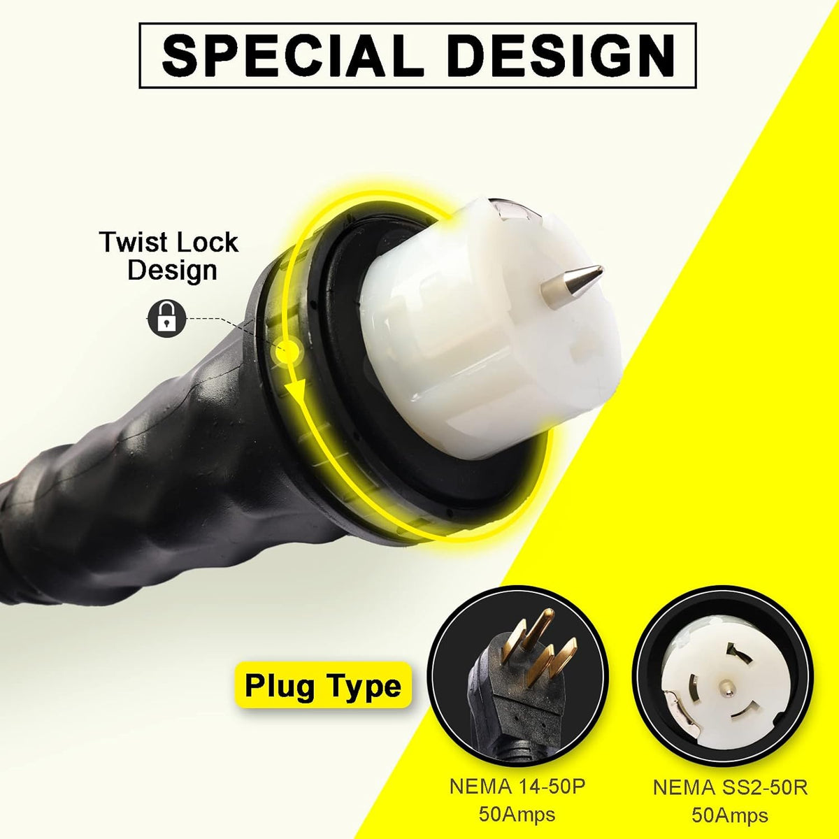 50 Amp 25FT Generator Extension Cord STW 6/3 + 8/1, 125V/250V, NEMA 14-50P to SS2-50R/CS6364, Twist Locking Connector, UL Listed Z8035