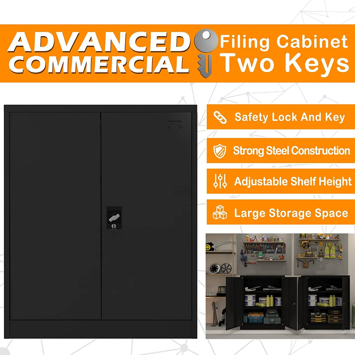 42-Inch Black Lockable Metal Storage Cabinet with Doors & 2 Adjustable Shelves W462