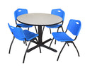 48x22 Round Breakroom Table Maple and 4 Stack Chairs Blue O382