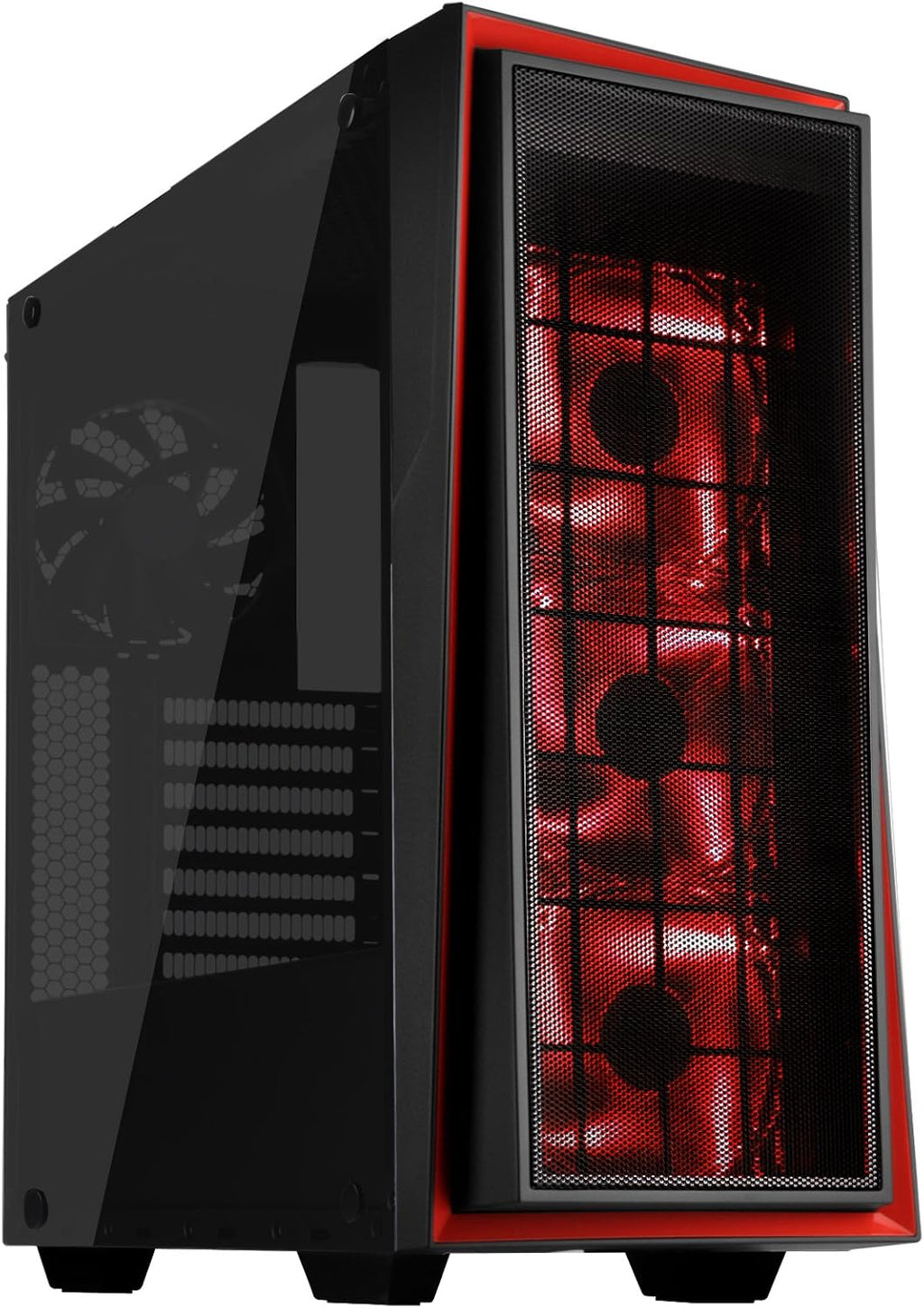 ATX Tower Computer Case with Three 120mm Red LED Intake Fans in Black and Red with Side Panel Window G3385