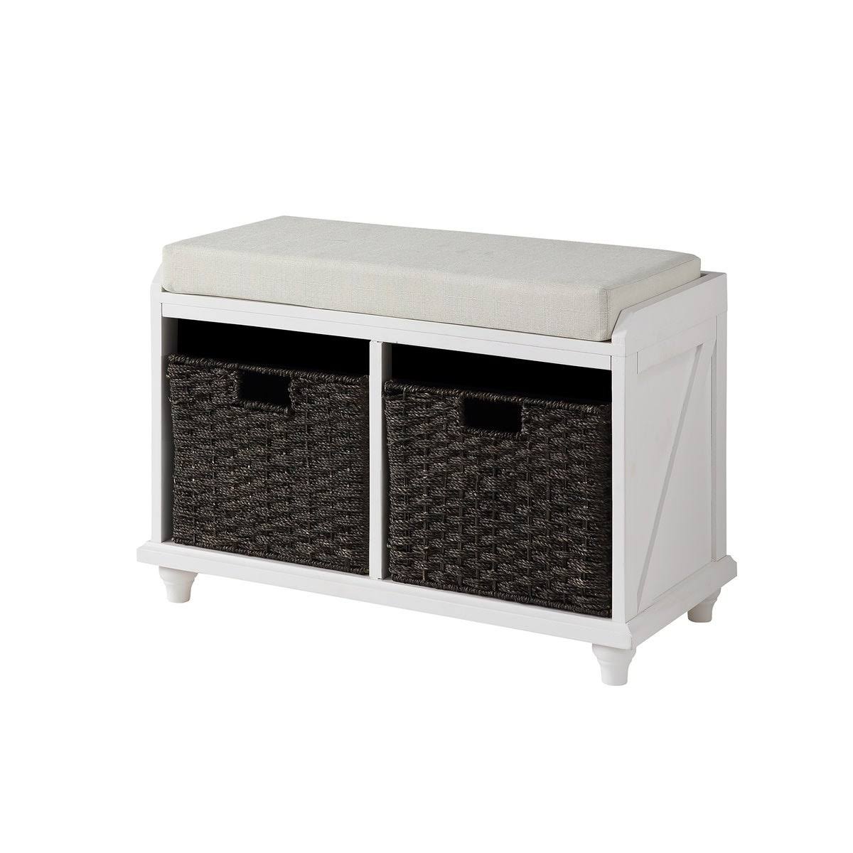 White Wood Storage Bench with 2 Woven Baskets F27569