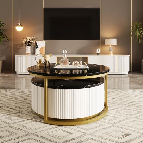 White Gold Round Nesting Coffee Table with Drawer F12299