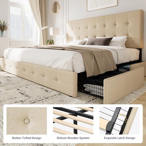 Light Grey Queen Size Platform Bed Frame with 4 Storage Drawers L24268
