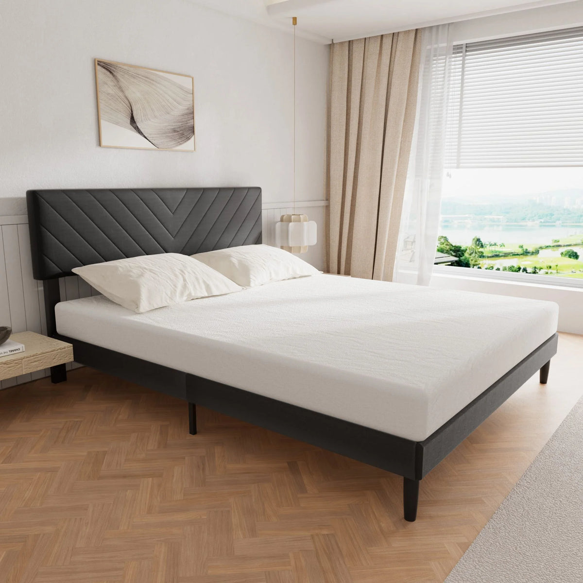 Grey Upholstered Queen Size Platform Bed Frame with Adjustable Headboard Y645437