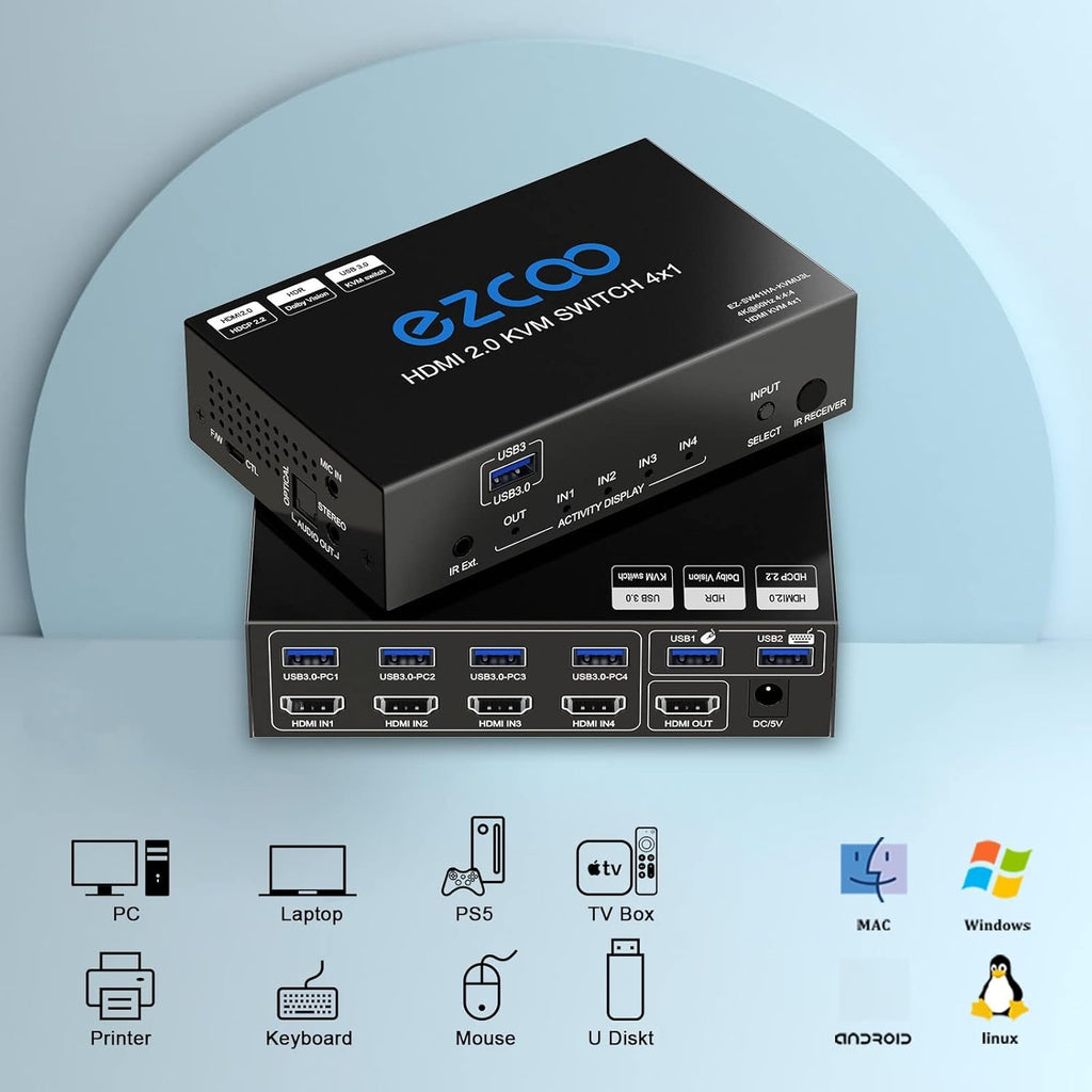 4-Port USB 3.0 KVM Switch HDMI 4K 60Hz with USB Peripheral Hub and IR Remote A8611