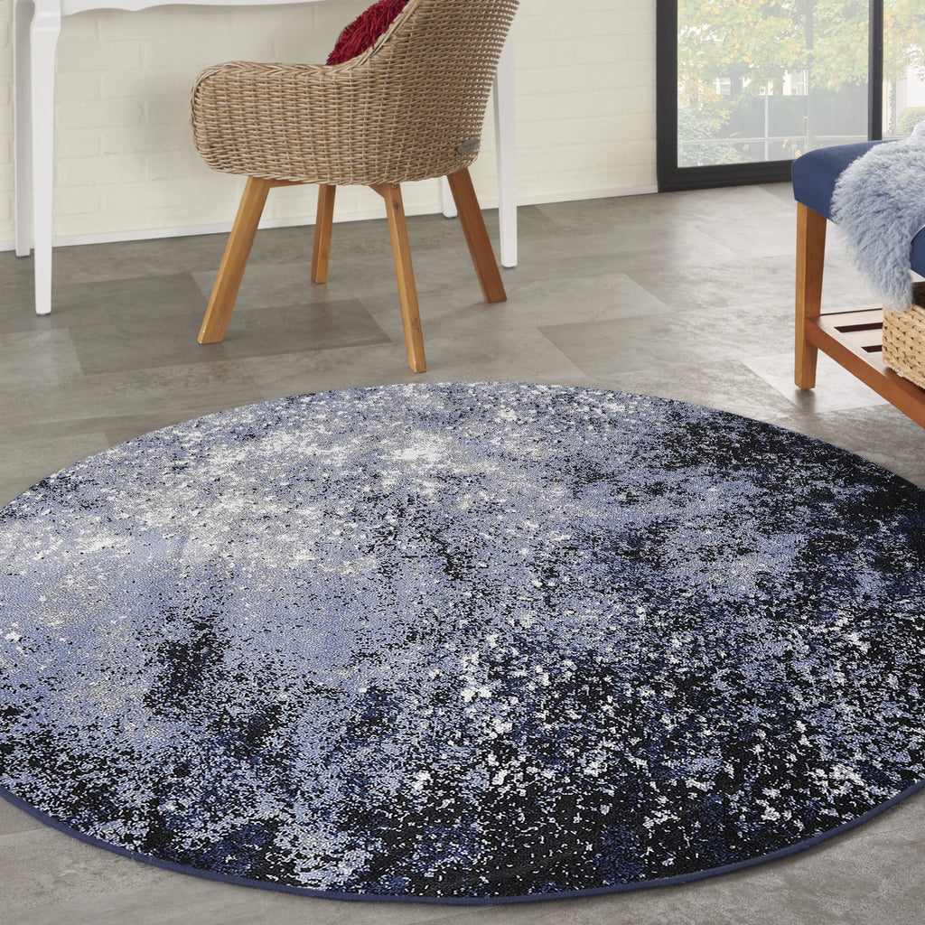 Light Blue Black Round Area Rug E938