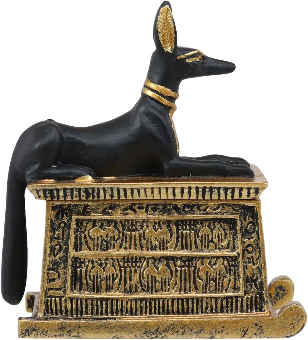 Black And Gold Finish Anubis Dog Cartouche Box Figurine I608