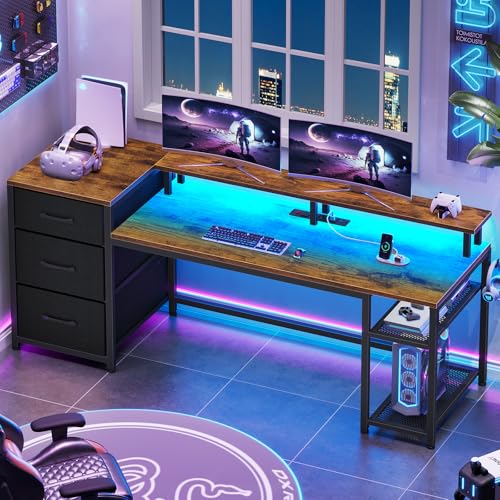 Rustic Brown Office Desk with Drawers and LED Lights S31914