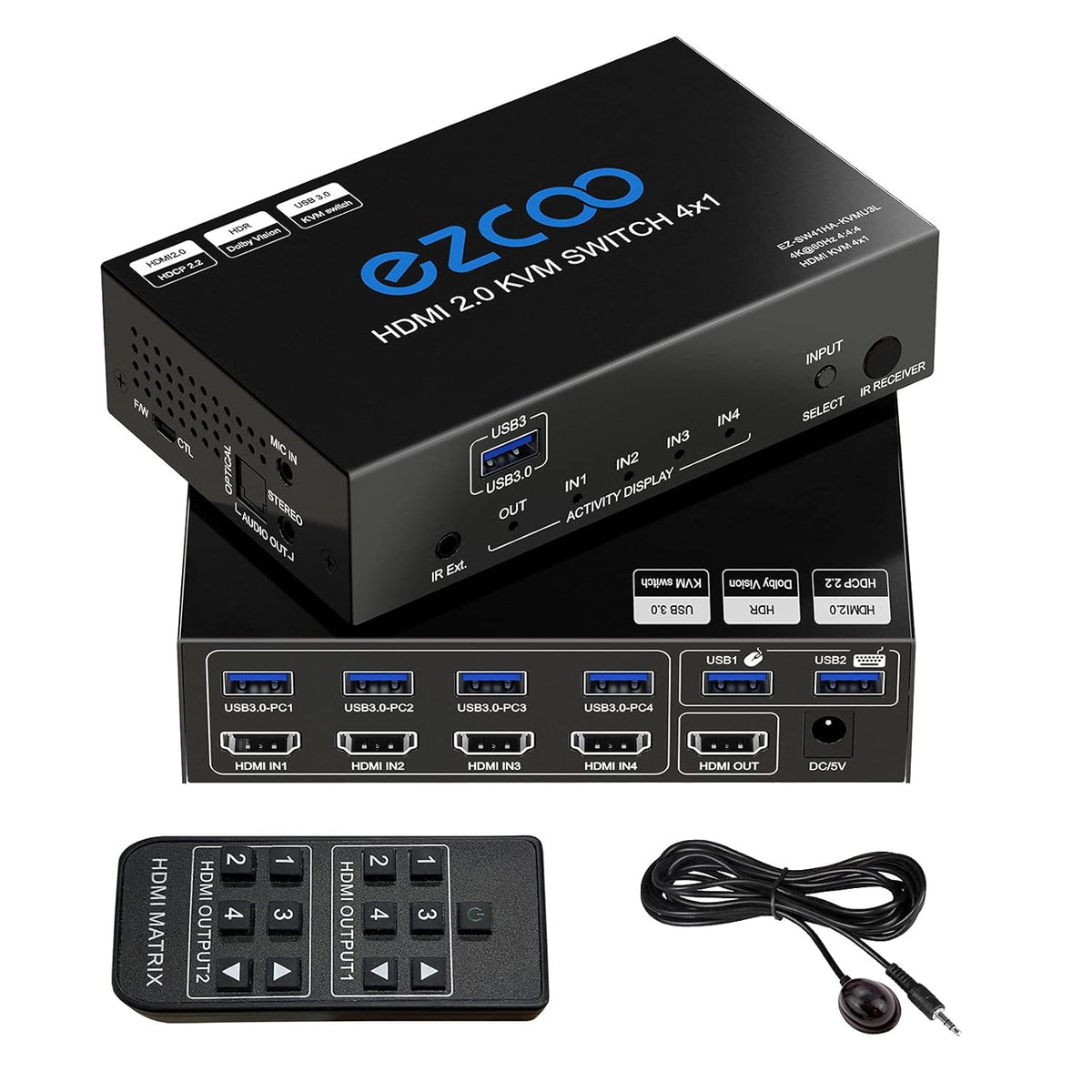 4-Port USB 3.0 KVM Switch HDMI 4K 60Hz with USB Peripheral Hub and IR Remote A8611
