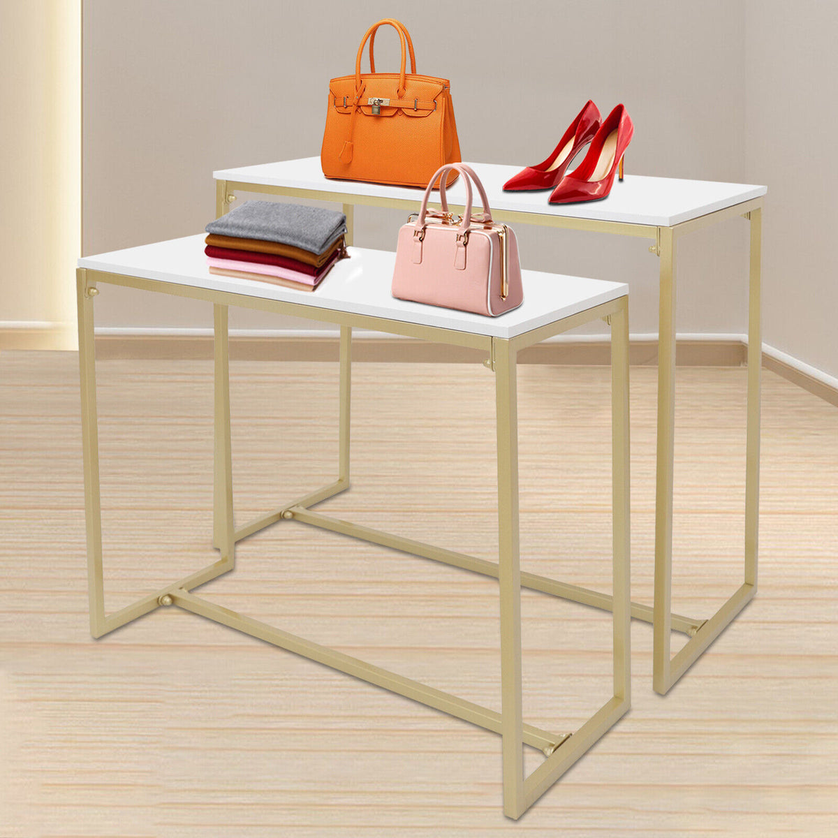 Gold Metal Nesting Tables Display Stand 2 Piece Set W60974