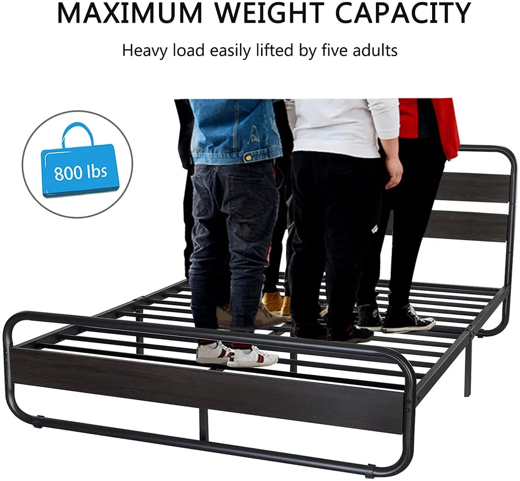 Full Size Metal Platform Bed Frame with Wooden Headboard & Footboard, Black E354