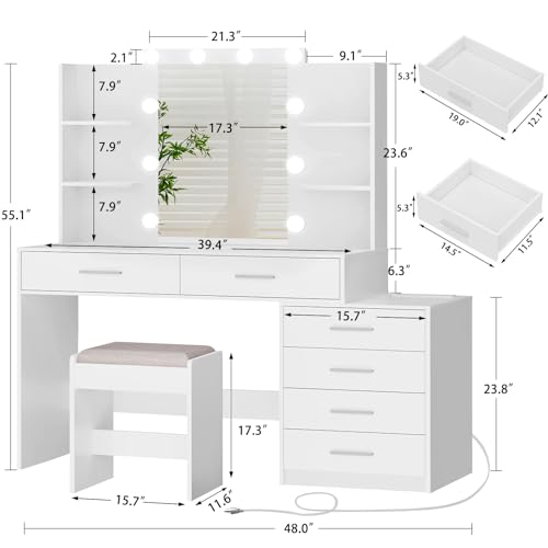Large White Vanity Desk with Lighted Mirror and Power Outlet P130