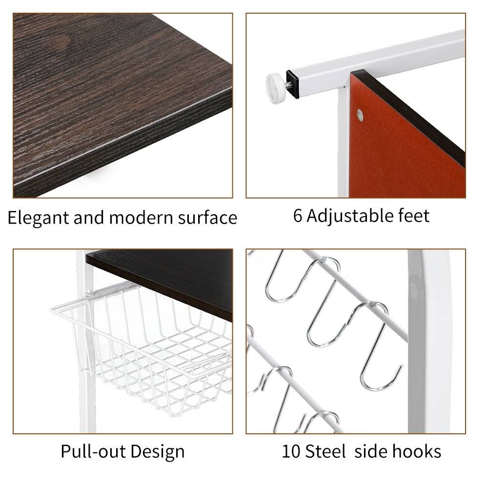 4-Tier Kitchen Baker's Rack Storage Shelf with 10 Hooks Deep Brown N273
