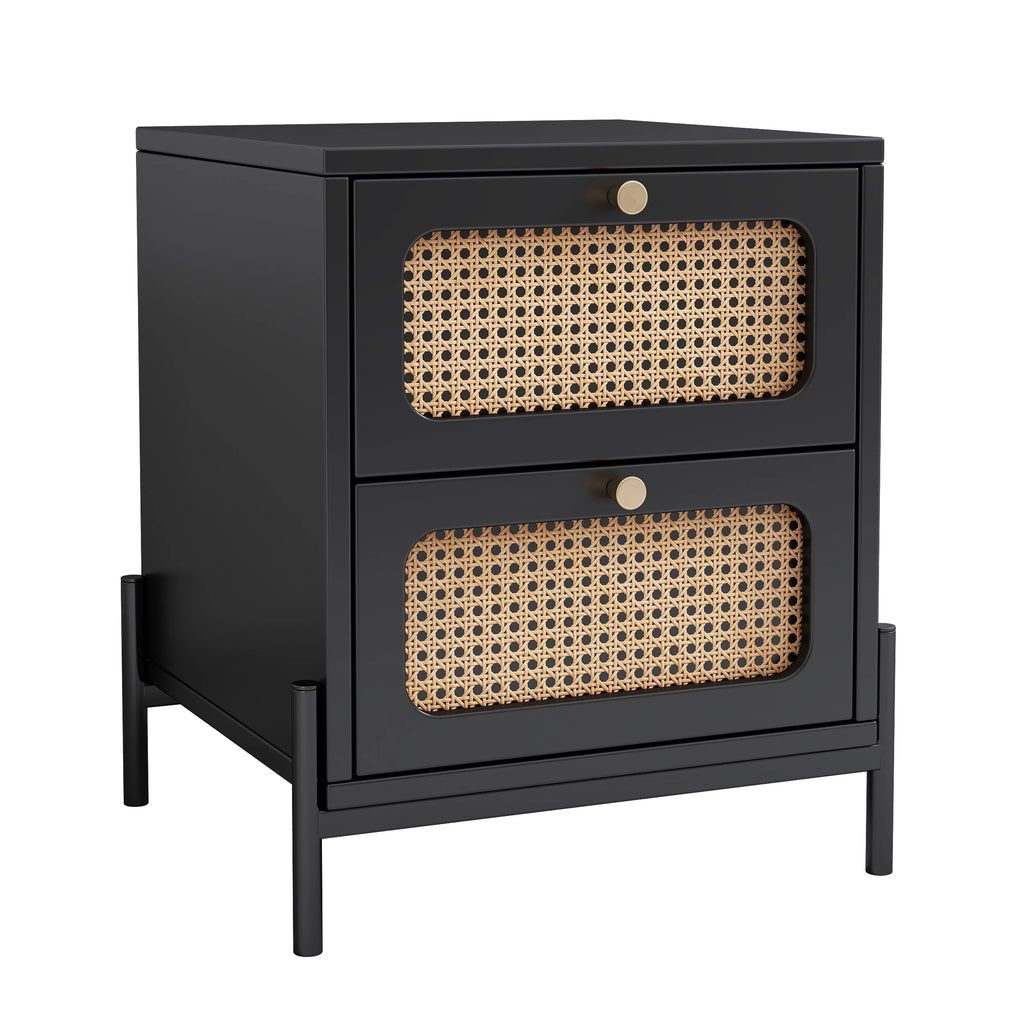 Black 2-Drawer Rattan Wood Side Table S461670