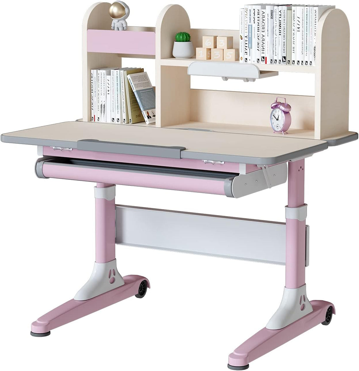 Pink Height Adjustable Ergonomic Kids Study Desk and Chair Set with Drawer and Bookshelf X47310