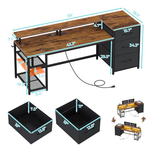 Rustic Brown Office Desk with Drawers and LED Lights S31914
