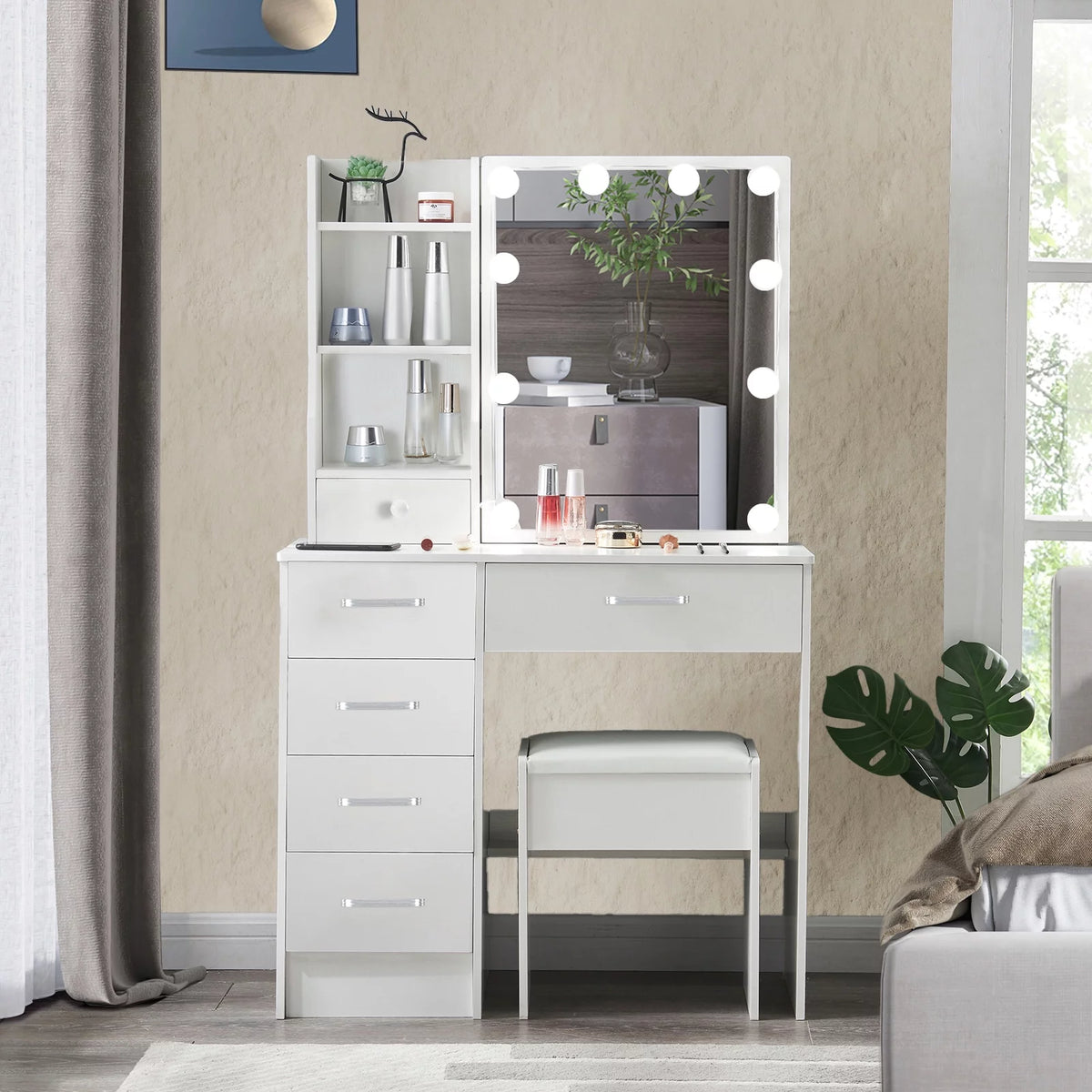 White Vanity Desk with LED Lighted Sliding Mirror and Stool T653275