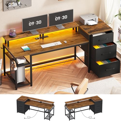 Rustic Brown Office Desk with Drawers and LED Lights S31914