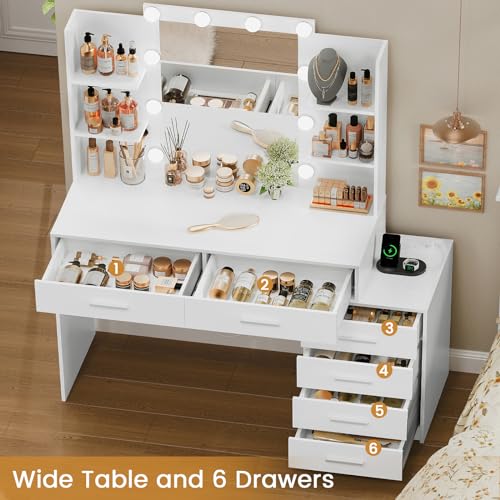 Large White Vanity Desk with Lighted Mirror and Power Outlet P130