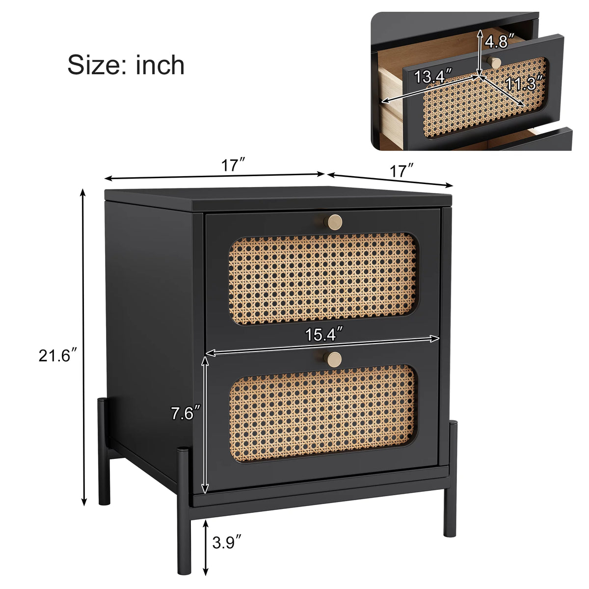 Black 2-Drawer Rattan Wood Side Table S461670