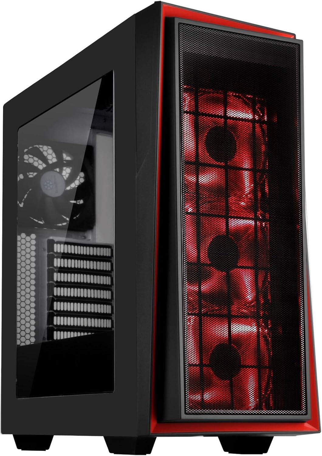 ATX Tower Computer Case with Three 120mm Red LED Intake Fans in Black and Red with Side Panel Window G3385