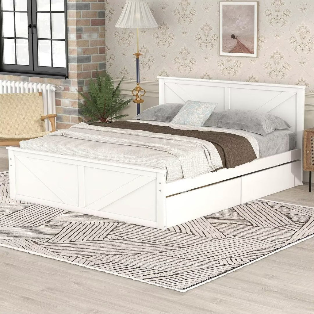 Queen Size White Wooden Platform Bed with 4 Storage Drawers Q94327