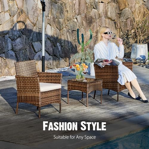 3 Pieces Wicker Rattan Patio Furniture Set with Cushion and Glass Table J98192