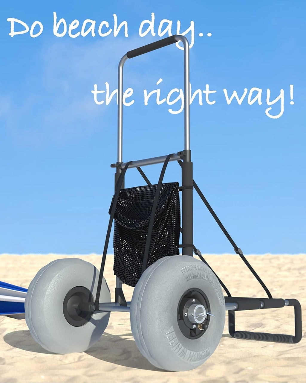 Collapsible Folding Beach Wagon with Mesh Storage Compartment and 9 Pneumatic Balloon Wheels O138