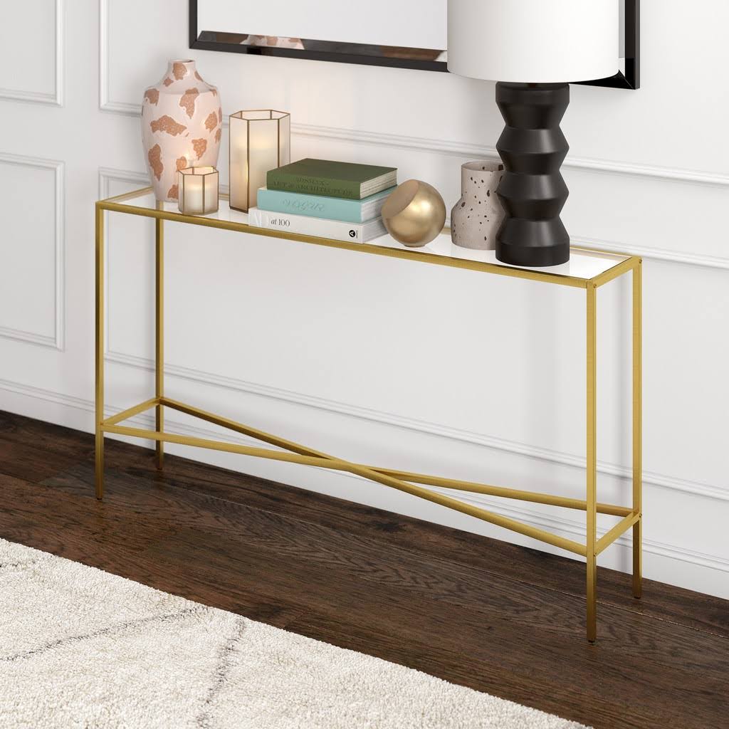 55x22 Brass Finish Console Table with Glass Tabletop U4463