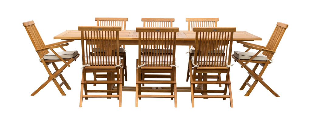 9 Piece Teak Wood Patio Dining Set with Extension Table and Folding Chairs V58195